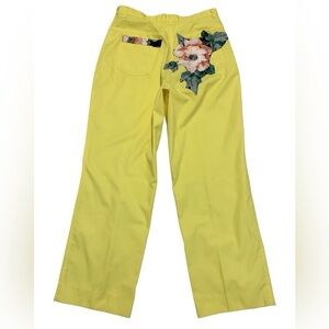 Vintage 90s Lemon Yellow Floral Embroidered High Rise Trousers Size 29